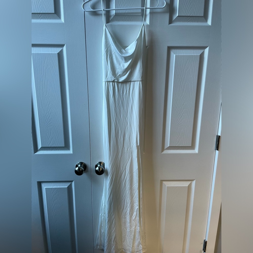Cowl neck thigh split white dress!